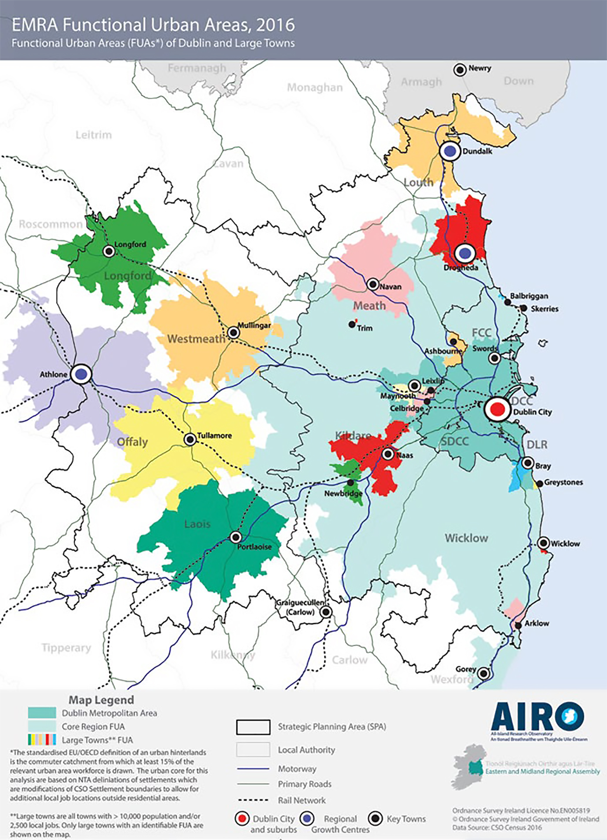 Figure 2.7: Functional Urban Areas, Dublin and Large Towns CSO 2016